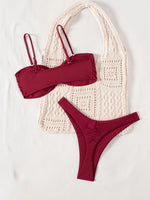 ZTVitality Wine Red Ribbed Bandeau Bikini Set Metal Buckle High Cut Thong Swimsuit Women's 2026 New Beach Bathing Suit Biquini