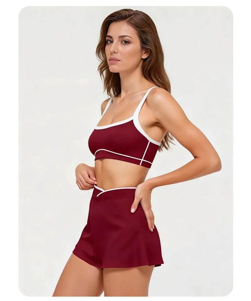 2 Pieces Women's Nude Yoga Set Bra Skirt Tracksuit Running Fitness Sports Set Slim Fit High Waist Beautiful Back Suit