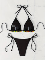 ZTVitality Tassel Trim Triangle Halter Tie Strap Backless 2024 New Arrival Padded Sexy Swimsuit Women Swimwear Summer Biquini