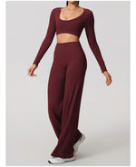 Hearuisavy Sports Set 2Pcs Women'sLong Sleeve Backless Fitted Fitness Top Push Up Pilates Yoga Top Wide Leg Straight Leg Pants
