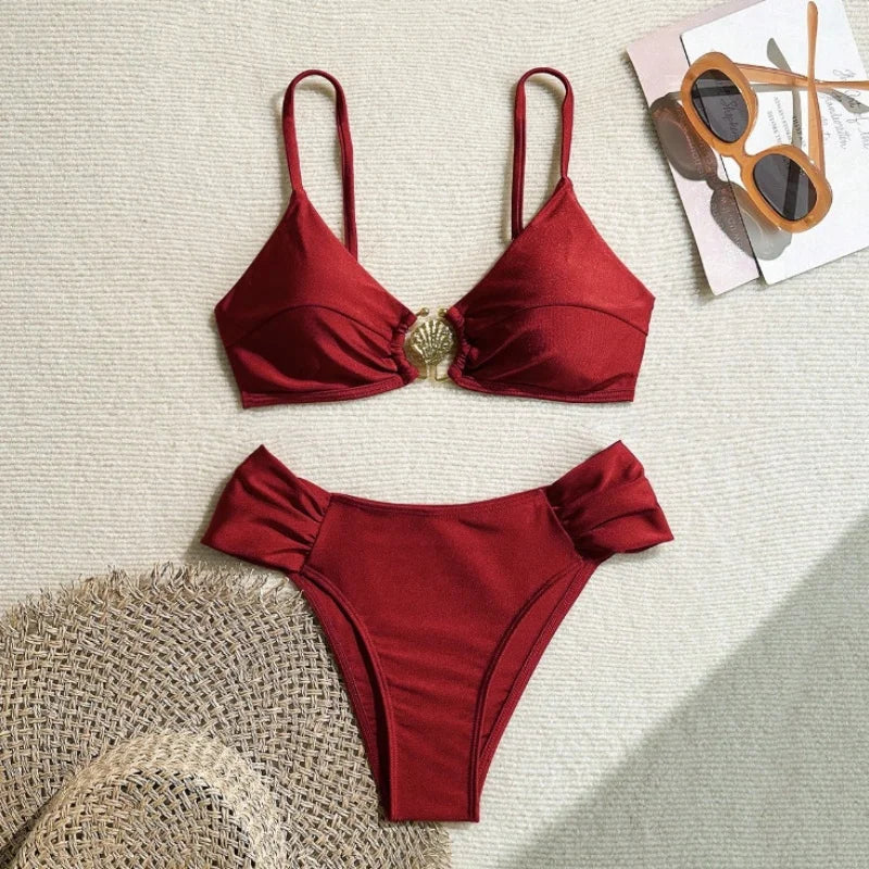 Sexy Pleate High Waist Bikini Set 2026 Women Orange Metal Buckle Push Up Two Piece Swimsuit Beach Bathing Suit Holiday Swimwear