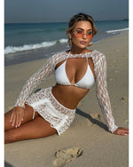 Toucheart Sexy Lingerie Suit for Women Mesh Four-piece Beach Swimsuit Sexy Bikini Solid Color Long Sleeves Mesh See-through Set