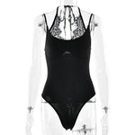 FDYOUI Women Sexy Sleeveless Lace Patchwork Pink Bodysuits 2026 Summer Halter Lace-up Backless One Piece Party Club Jumpsuit Top
