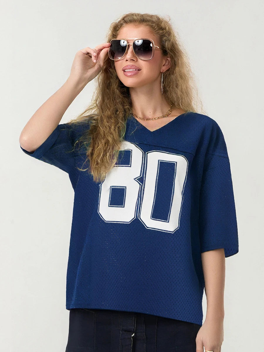 Women T-shirt V Neck Short Sleeve Numbers Print Loose Summer Tops Streetwear for Casual Daily
