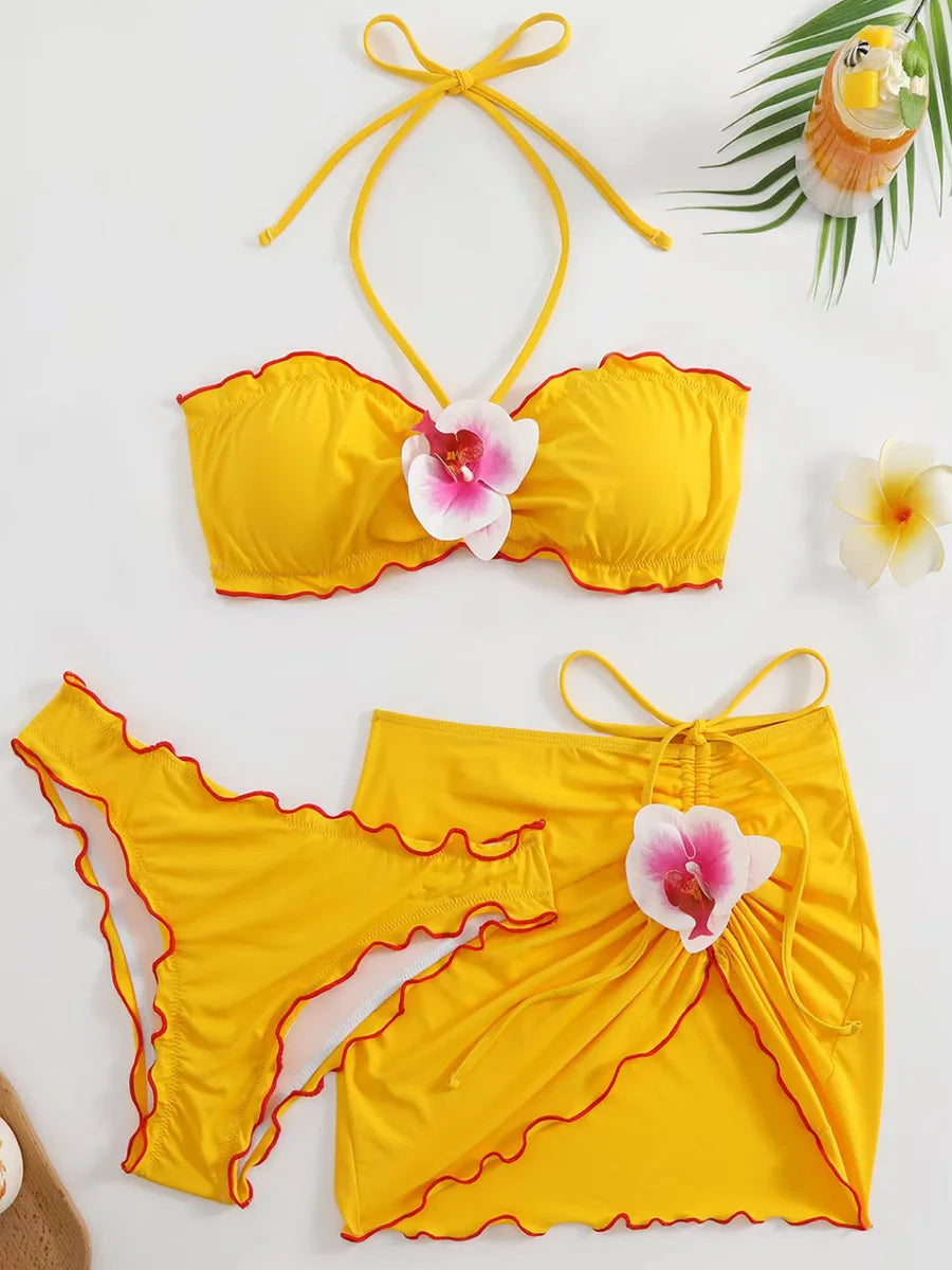 3D Flowers with Mesh Skirt Halter Bandeau Bikini Women Swimsuit Female Swimwear Three-pieces Bikini Set Bathing Suit Beachwear