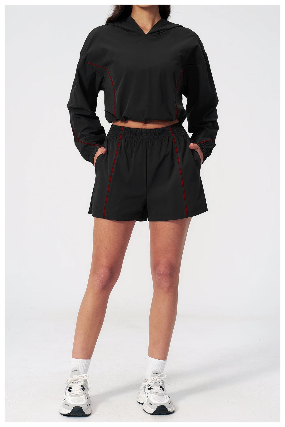 Summer Sun Protection Yoga Suit Women Contrasting Colors Long Sleeve Hoodies Top High Waist Shorts Running Fitness Athletic Wear