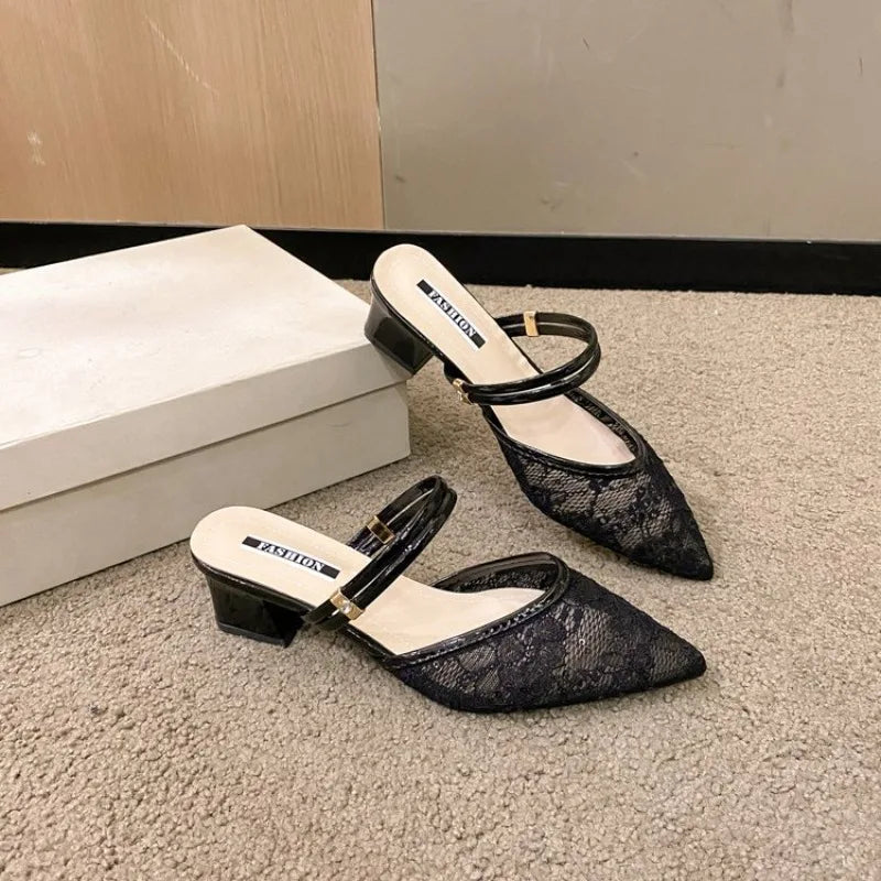 Large Size Women's Summer Outdoor Sandals Pointed Toe Mesh Upper Thick Heel Slip-On Korean Style Rubber Bottom Flats