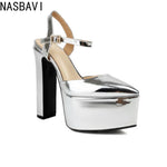 Platform Pointed Toe Sandals for Women Summer New Ankle Buckle Strap Gold Runway High Heels Large Size 43 Wedding Party Shoes