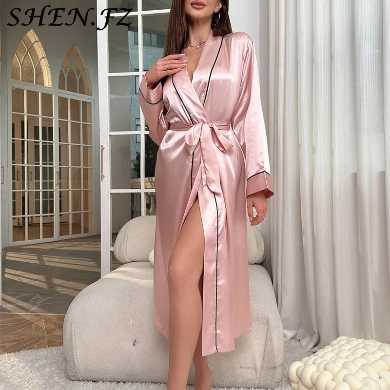 Women's Pajamas Long Ice Silk Dressing Gown Summer Thin Nightgown Fashionable Simple Loungewear Women's Sexy Cardigan Bathrobe