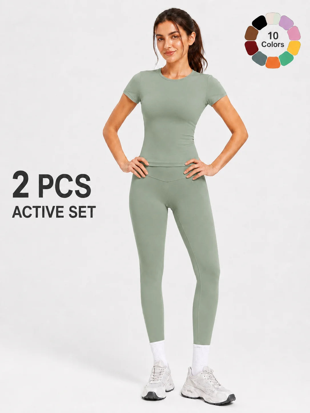 Ladies Sportswear Set (Short Sleeve Top + Long Pants) Fitness Gym Workout Clothing Running Yoga Ensemble
