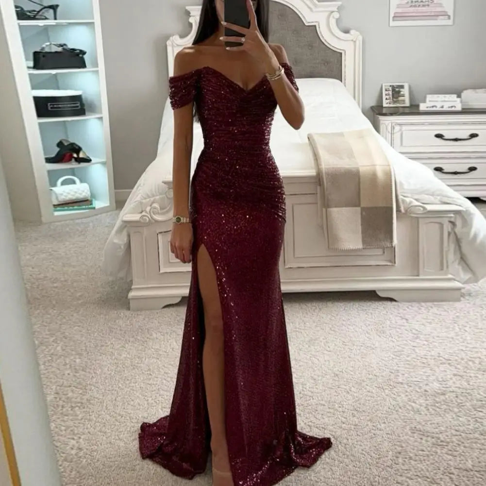 Evening Party Prom Dress Elegant V-Neck Off Shoulder Dress Sequin Pleated Short Sleeve Waist Tight Slim Sexy Split Long Dress