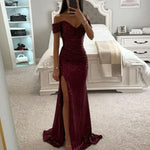 Evening Party Prom Dress Elegant V-Neck Off Shoulder Dress Sequin Pleated Short Sleeve Waist Tight Slim Sexy Split Long Dress