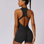 Solid Scrunch Back Waist Tight Yoga Jumpsuit Short Set Women Zipper Playsuit Gym Sportswear Fitness One Piece Sport Suit Workout