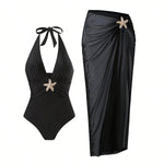 Vintage Black White Long Skirt Swimwear Sets Women Deep V Neck Starfish Hollow Out Bathing Suit Holiday One Piece Swimsuit 2026