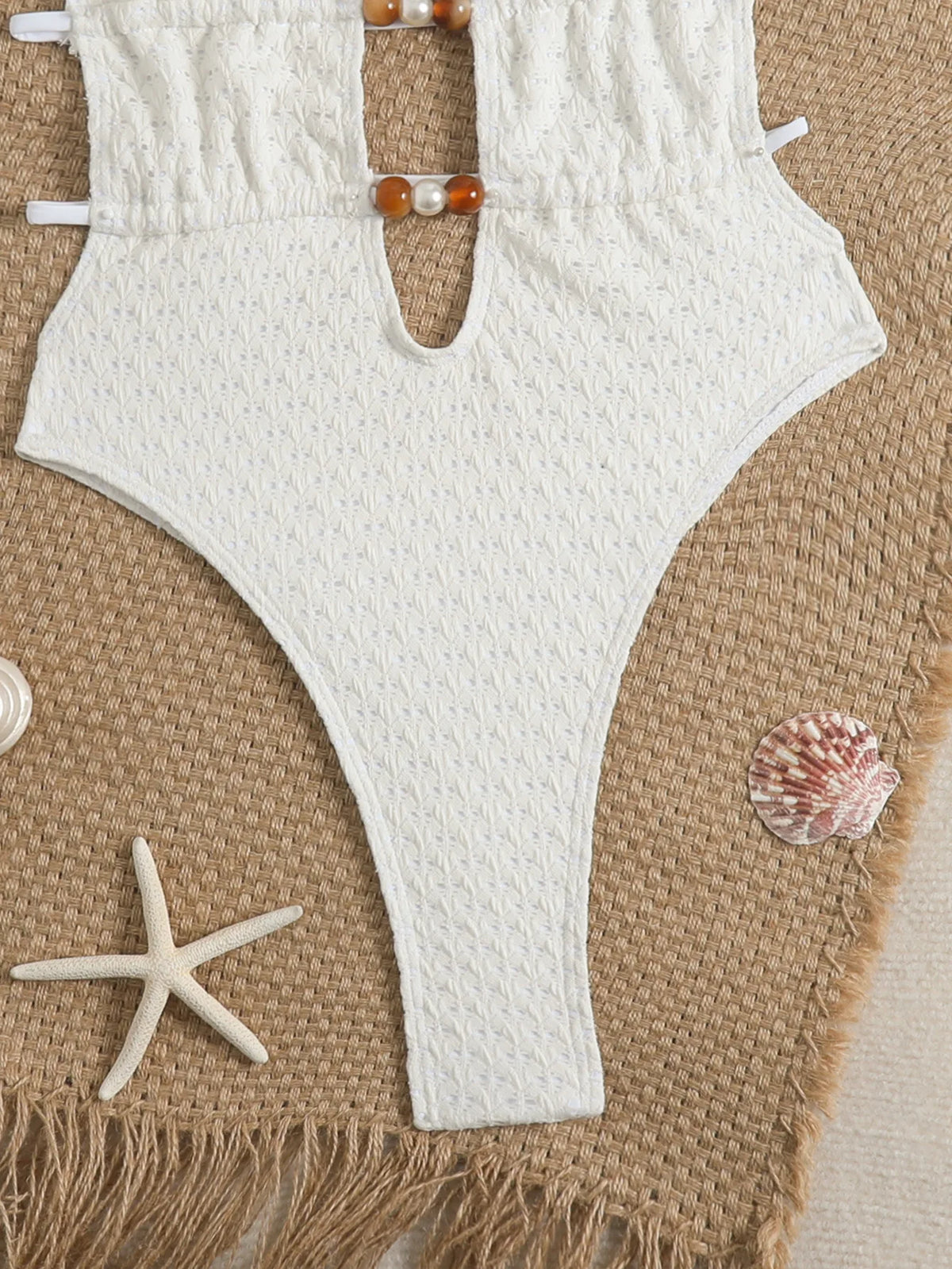 New White Pearls V Neck One Piece Swimwear Women 2026 Hollow Out Bandage Backless Swimsuit Summer Holiday Bathing Suit Monokini