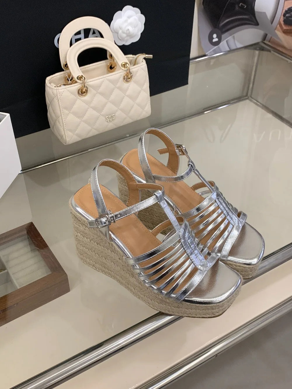9cm Heeled Wedges Ankle Sandals Black Dress Shoes for Women T-Strap Silver Chunky Heels Summer Platform Bohemia Sandals 2026