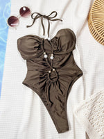Sexy Coffee Pearl Bandage Cross Swimwear Women 2026 Hollow Out Backless PleateHoliday Bathing Suit One Piece Swimsuit Monokini