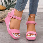 2026 New Platform Wedge Sandals Solid Color Round Headed Square BuckleHigh-heeled Sandals