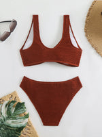 2026 Summer New Women's 2 Piece Swimsuit Solid Color High Waist Bikini Set V-neck Backless Beach Vacation Bathing Suit Swimwear