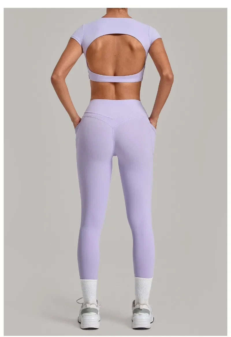 Women's Seamless Yoga Sets Sports Running High Waist Hip-lifting Pants Backless Short-sleeve Suits Workout Fitness Leggings Sets