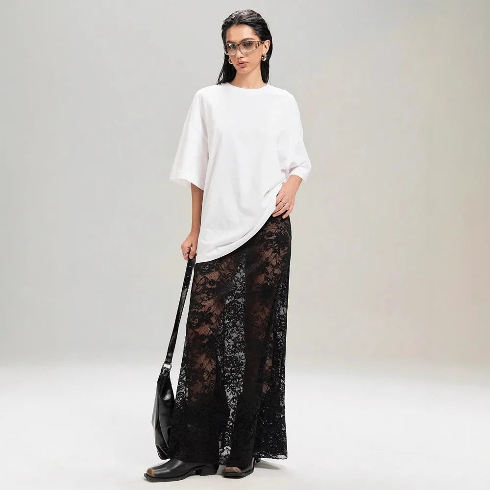 Sexy High Waist Black Lace Skirts for Women 2026 Summer See-through Long Maxi Skirt Female Hollow Out Slim Holiday Party Dress
