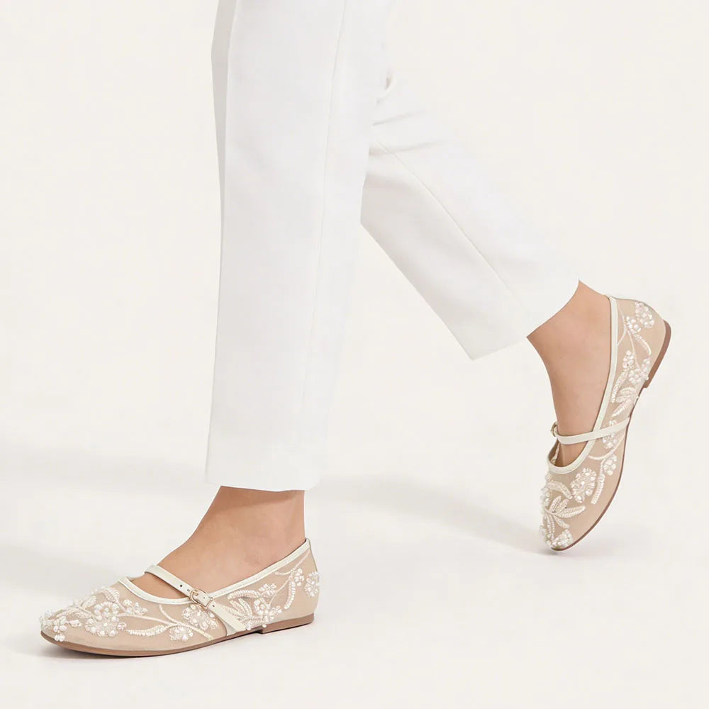 2026 Big size 42 Chic Nude Beading Flat Mary Janes Shoes Women Leisure Mesh Pearls Embroidery Comfy Walk Ballet Flats Shoes