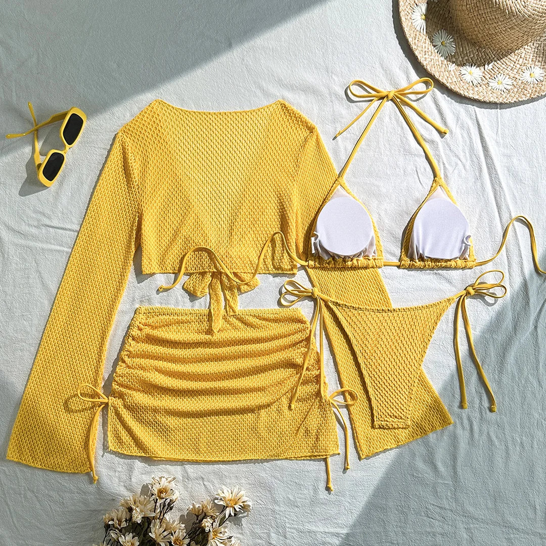 9 Colors New Long Sleeve With Skirt Bikini Female Swimsuit Women Swimwear Four-pieces Bikini set Bather Bathing Suit Swim V6358P