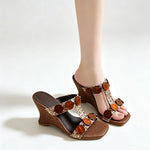 Boho Raffia Comfortable 8cm High Heels Wedge Slide Mules T-Strap Vacation Beach Straw Heels Espadrille Wedge Sandals Women Shoes
