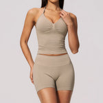 2pcs Seamless Lycra Sports Yoga Sets Women's Hanging Neck Tank Top High Elasticity Hip Lifting Shorts Workout Outfits Tracksuit