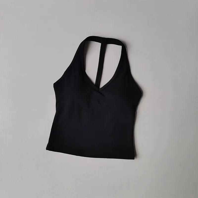 Women's Summer V-Neck Yoga Sports Vest Hanging Back Neck Design Outdoor Running Training Gathered Fit Top for Active Wear