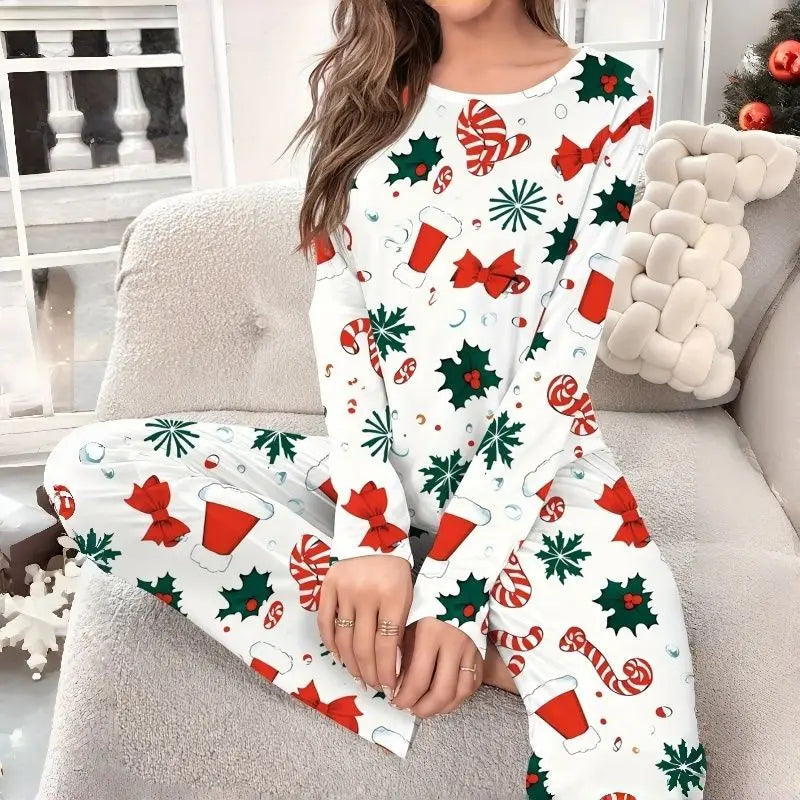 Women's Christmas Pajamas Set Autumn Winter Floral Printed Long Sleeve T-shirt and Long Pants Suit Loungewear Sleepwear