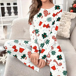 Women's Christmas Pajamas Set Autumn Winter Floral Printed Long Sleeve T-shirt and Long Pants Suit Loungewear Sleepwear
