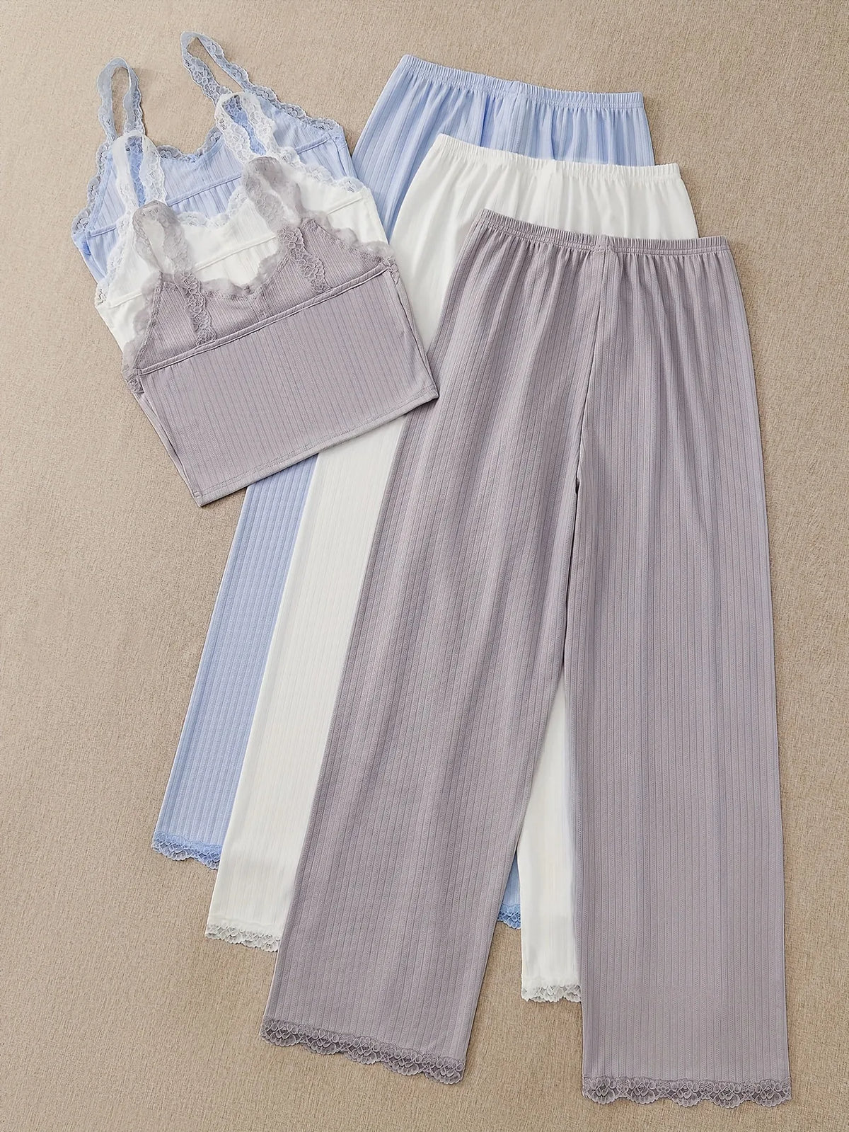 Women Ribbed Pajama Set Lace Trim Cami Top and Pants Sleepwear Soft Breathable Button Front Loungewear