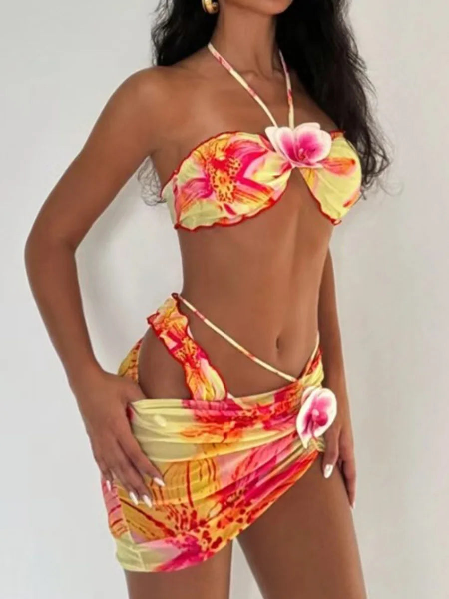 with Mesh Skirt 3D Flowers Halter Bandeau Bikini Female Swimsuit Women Swimwear Three-pieces Bikini Set Bathing Suit Beachwear