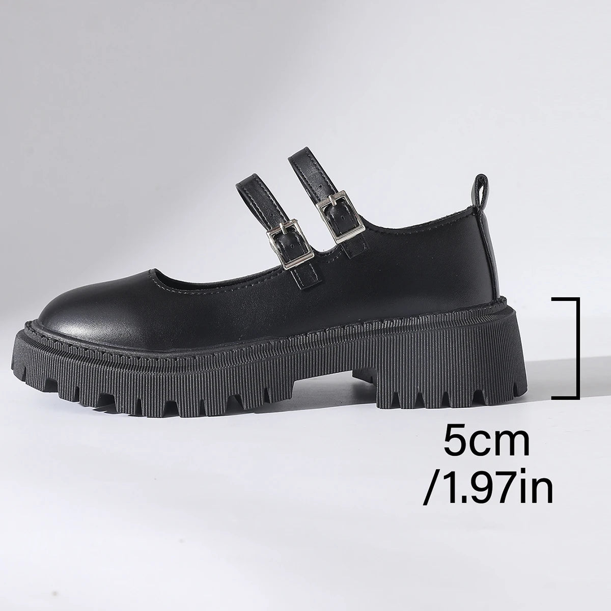 Women Double Strap Mary Janes Faux Leather Lug‑Sole Round‑Toe Vintage Preppy JK Platform Buckle Casual Daily Shoes