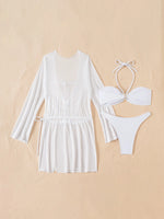 sexy white bandeau metal flower bikinis sets 3pcs with mesh long sleeve wrinkled tie mini dress swimsuit bathing suit biquini