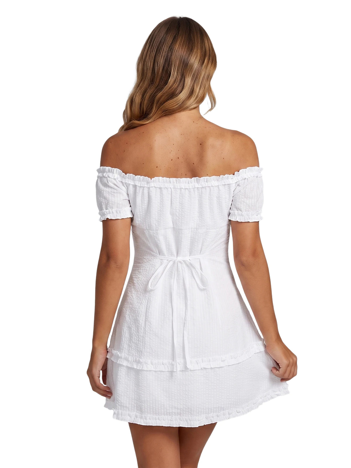 Women Summer White Dress Trim Off Shoulder Short Sleeve Button-up A-line Mini Dresses for Daily Office Party