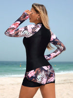 Vintage Black Leaves Print Two Piece Swimsuit 2026 Women Long Sleeve Sports T Shirts High Waist Swimwear Beach Surf Bathing Suit