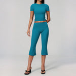 Yoga Set for Women High Waist Hip Lifting Tight Mid Pants Fitness Suit Short Sleeve O Neck Slimming Sports T Shirt Athletic Wear
