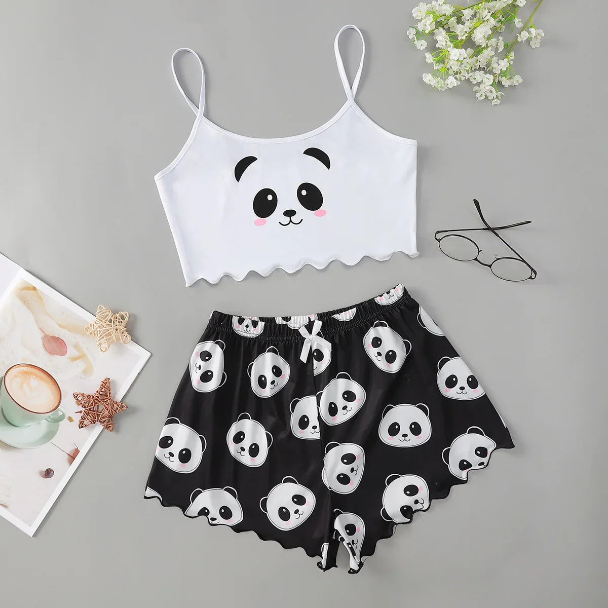 Women's 2pcs Cute Soft ComfyDoll Print Sexy Sleepwear Sleeveless Shorts Homewear Pajama Set Loungewear