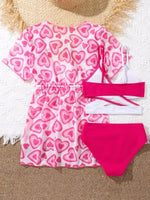 Girls 3pack Heart Print Cross Wrap High Waist Bikini Kids Swimsuit&Kimono 7-12 Years Children's Swimwear 2024 Teens Bathing Suit