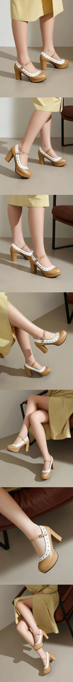 Plus Size 45 Sweet Mary Janes Shoes Women Cute Blue Block High Heels Lolita Pumps Lovely Pink Heart Edge Platform High-heeled