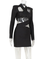 Ahagaga Sexy Club Women's Mini Dresses Solid Hollow Out V-Neck Regular Long Sleeves Sheath Bodycon Slim Fit Streetwear Vestidos