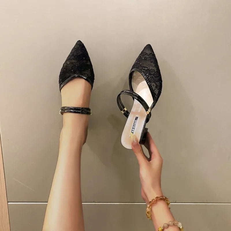 Large Size Women's Summer Outdoor Sandals Pointed Toe Mesh Upper Thick Heel Slip-On Korean Style Rubber Bottom Flats