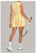 Summer Women Solid Tennis Dresses Sleeveless Turn Down Collar Pleated Skirts with Detachable Pocket Shorts Slim Yoga Golf Dress