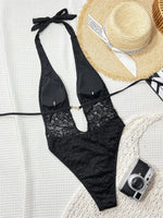 Sexy Black Lace Contrast One Piece Swimwear Women 2026 Pearls Deep V Neck Slim Tummy Control Swimsuit Holiday Bathing Suits