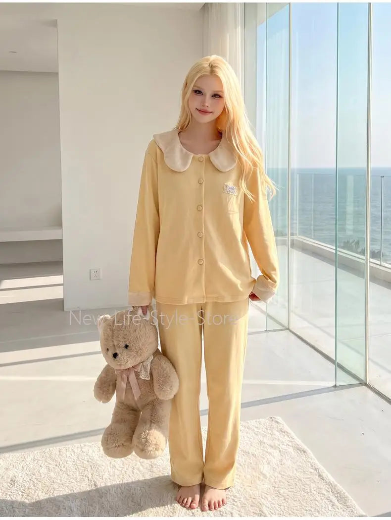 Autumn Winter Women Sleepwear, Solid Color Dralon Pajama Set, Soft Warm Doll Collar Long Sleeve & Long Pants Home Loungewear