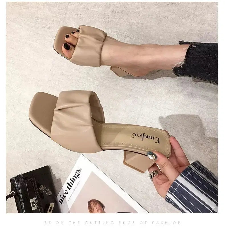 Fashion Strange Style Women Slippers Square Open Toe Slippers Slip on Slides Summers Beach Shoes Woman Heels Zapatillas Mujer