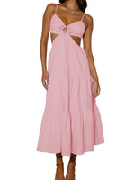 Spaghetti Strap Vacation Long Dress For Women Summer 2025 Fashion Elegant Sleeveless Backless Hollow Out Vestidos Party Dresses