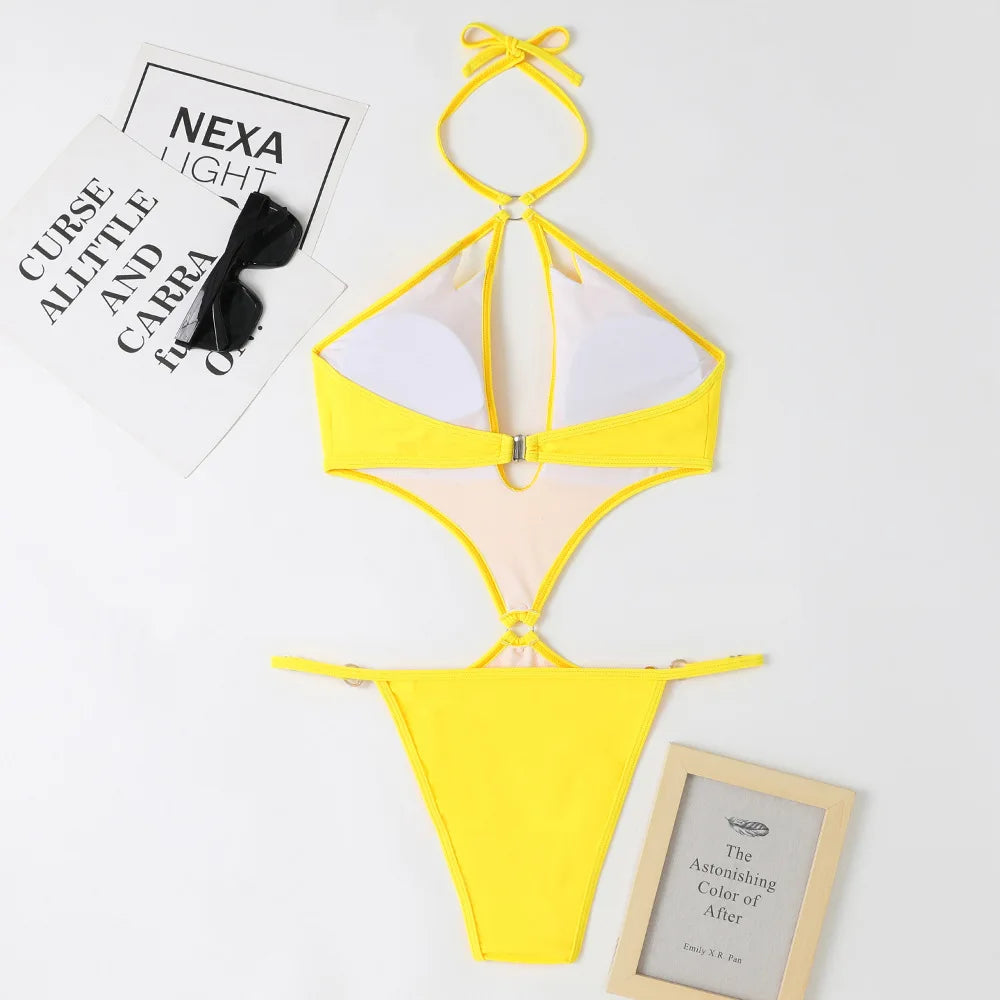 Solid Color One Piece Swimsuit Women 2026 Sexy Hollow Out Pearl Chain Bikini Halter Backless Thong Swimwear Beach Bathing Suit